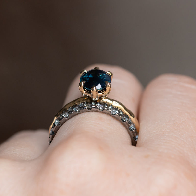 2.58ct Untreated Teal Oval Madagascar Sapphire Low Profile Tri-Band "Three Winds" 4 Prong Solitaire in 14k Yellow Gold