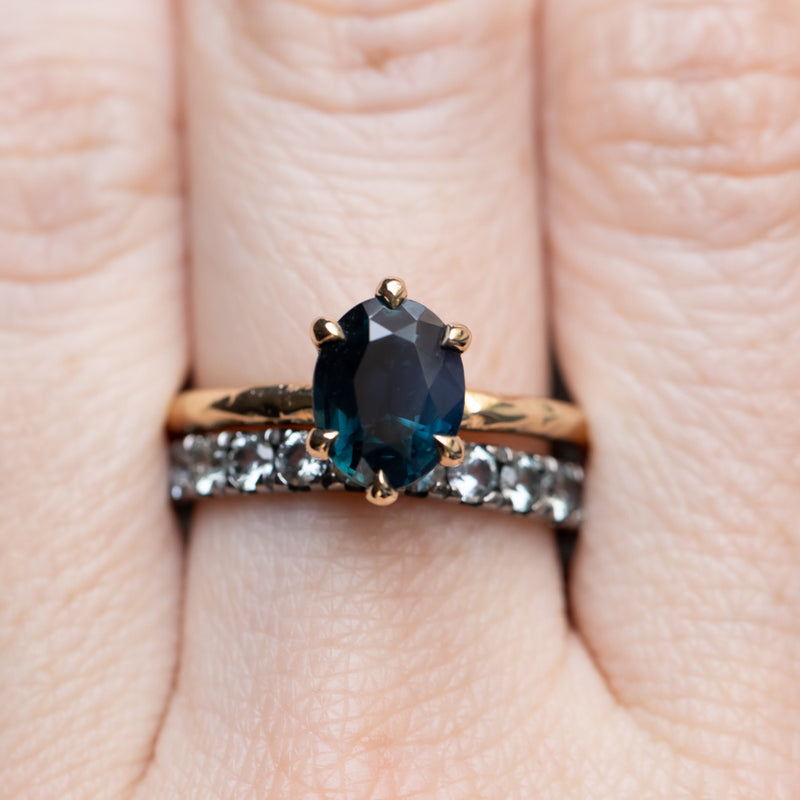 2.58ct Untreated Teal Oval Madagascar Sapphire Low Profile Tri-Band "Three Winds" 4 Prong Solitaire in 14k Yellow Gold