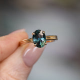 2.58ct Untreated Teal Oval Madagascar Sapphire Low Profile Tri-Band "Three Winds" 4 Prong Solitaire in 14k Yellow Gold