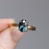 2.58ct Untreated Teal Oval Madagascar Sapphire Low Profile Tri-Band "Three Winds" 4 Prong Solitaire in 14k Yellow Gold