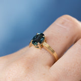 2.58ct Untreated Teal Oval Madagascar Sapphire Low Profile Tri-Band "Three Winds" 4 Prong Solitaire in 14k Yellow Gold