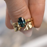 2.58ct Untreated Teal Oval Madagascar Sapphire Low Profile Tri-Band "Three Winds" 4 Prong Solitaire in 14k Yellow Gold