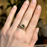1.58ct Fancy Oval/Cushion Green Sapphire and Moissanite Three Stone ring with Evergreen texture in 18k Rose Gold