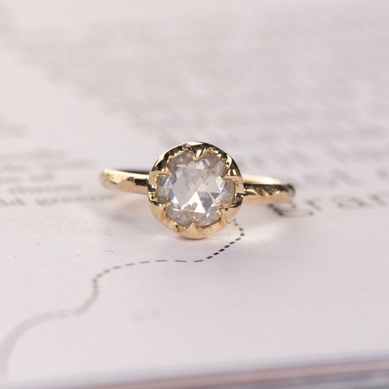 1.75ct Icy Rosecut Diamond 6-Prong Low Profile Ring with Evergreen Carved Band in 14K Yellow Gold