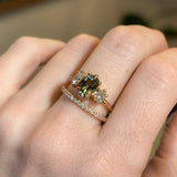 1.58ct Fancy Oval/Cushion Green Sapphire and Moissanite Three Stone ring with Evergreen texture in 18k Rose Gold
