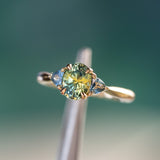1.68ct Oval Untreated Madagascar Parti Sapphire and Trillion Sapphire Three Stone Low Profile Ring in 14k Yellow Gold