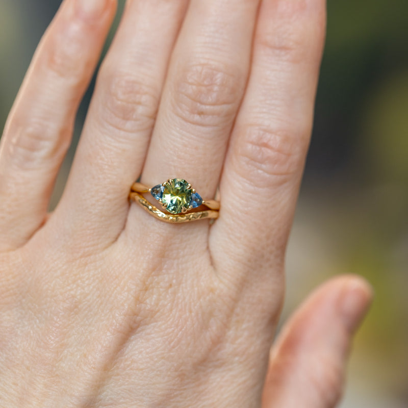 1.68ct Oval Untreated Madagascar Parti Sapphire and Trillion Sapphire Three Stone Low Profile Ring in 14k Yellow Gold