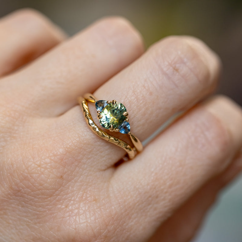 1.68ct Oval Untreated Madagascar Parti Sapphire and Trillion Sapphire Three Stone Low Profile Ring in 14k Yellow Gold