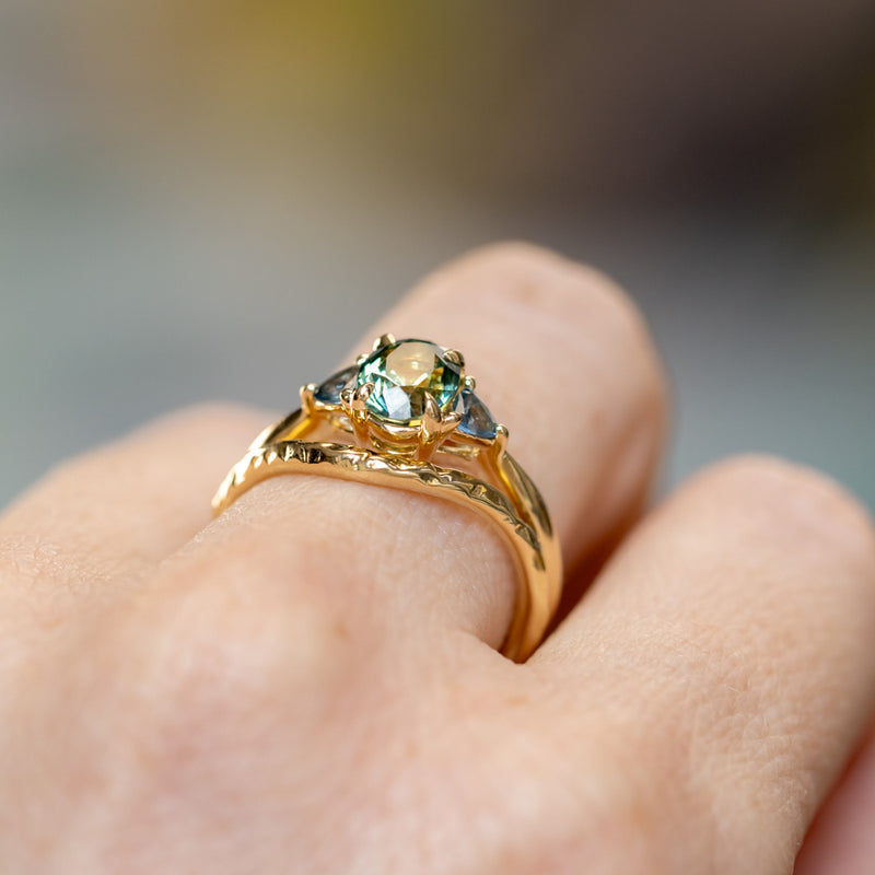 1.68ct Oval Untreated Madagascar Parti Sapphire and Trillion Sapphire Three Stone Low Profile Ring in 14k Yellow Gold