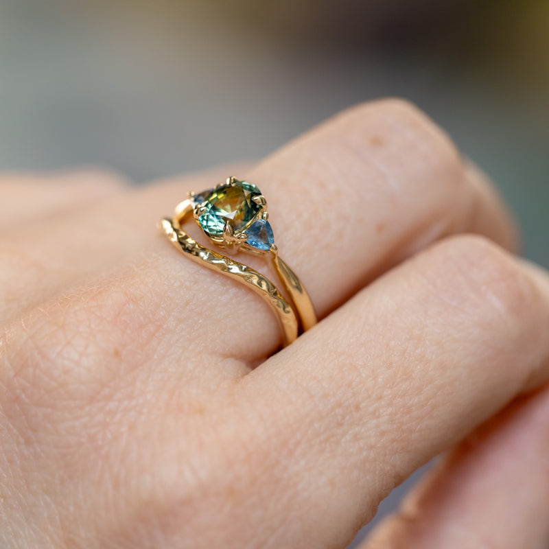1.68ct Oval Untreated Madagascar Parti Sapphire and Trillion Sapphire Three Stone Low Profile Ring in 14k Yellow Gold