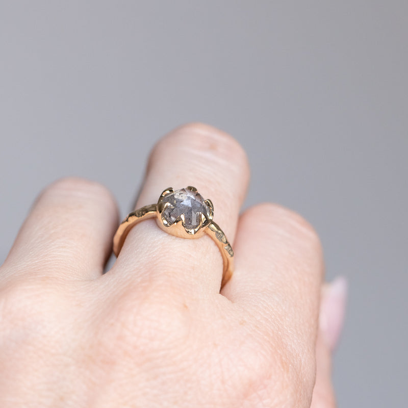 2.03ct Rosecut Salt and Pepper Diamond 6-Prong Low Profile Ring with Evergreen Carved Band in 14K Yellow Gold