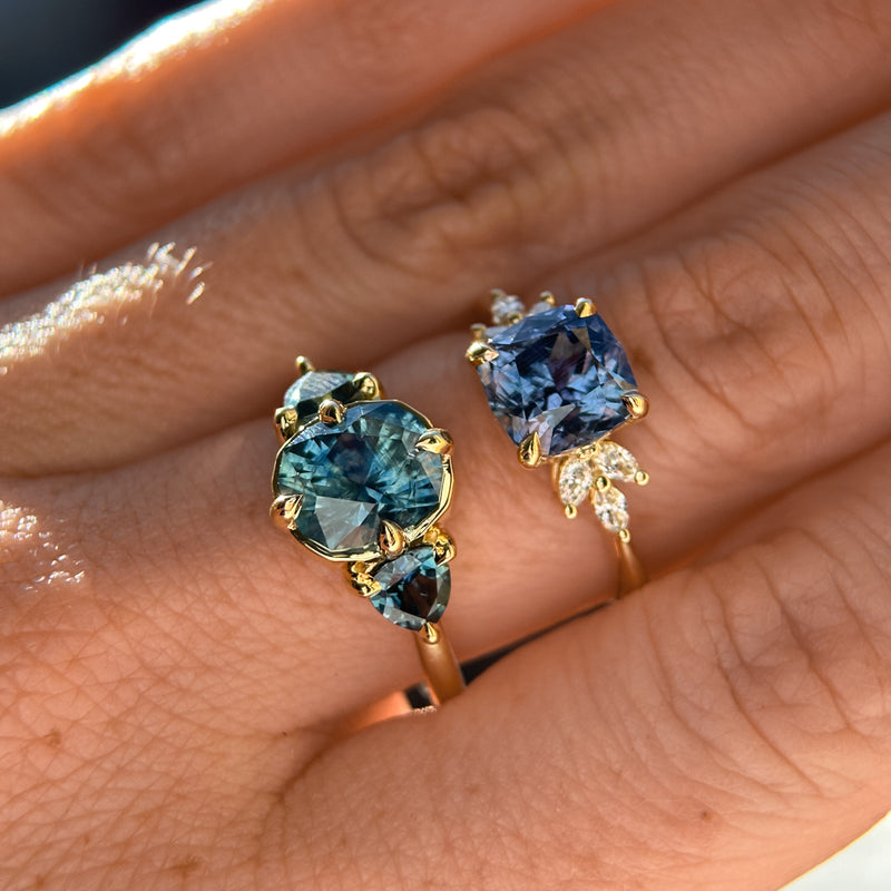 2.36ct Fancy Cushion Cut Montana Sapphire and Australian Sapphire Antique Compass Set Low Profile Ring in 18k Yellow Gold
