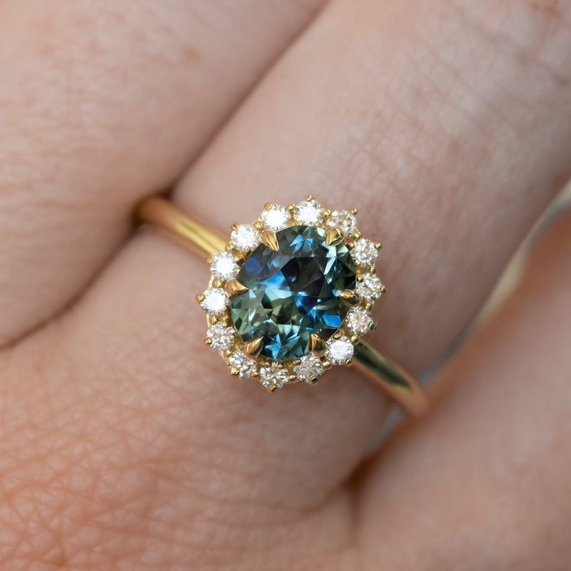 1.70ct Oval Parti Untreated Nigerian Sapphire Antique-Style Diamond Halo Ring in 18k Yellow Gold