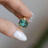 7.08ct Emerald Cut Teal Sapphire and Diamond Vintage Cathedral Double Prong Ring in 18k Yellow Gold