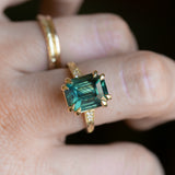 7.08ct Emerald Cut Teal Sapphire and Diamond Vintage Cathedral Double Prong Ring in 18k Yellow Gold