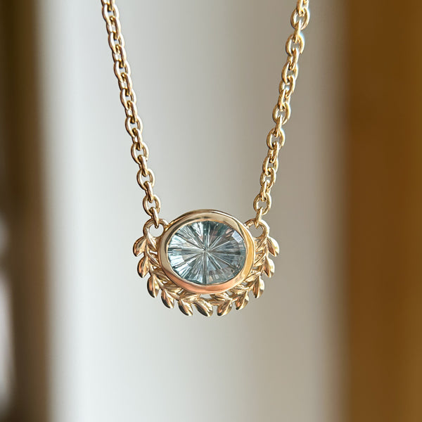 1.40ct Oval Fantasy Cut Montana Sapphire Vine Frame Necklace in 14k Yellow Gold