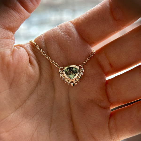 1.25ct Green Trillion Brilliant Montana Sapphire Vine Frame Necklace in 14k Yellow Gold