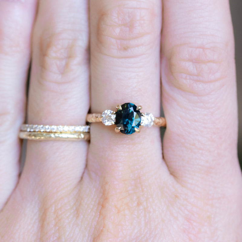 1.49ct Untreated Oval Nigerian Deep Teal Sapphire and Lab Grown Diamond Dainty Three Stone Ring in 14k Yellow Gold