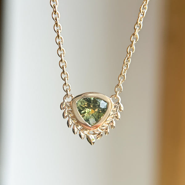 1.25ct Green Trillion Brilliant Montana Sapphire Vine Frame Necklace in 14k Yellow Gold