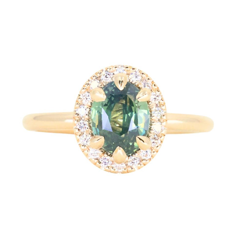 2.01ct Oval Untreated Madagascar Sapphire Six Prong Halo Stackable Ring in 14k Yellow Gold