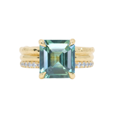 4.58ct Emerald Cut Teal Sapphire Triple Band with Diamonds and Evergreen Texture 4 Prong Low Profile Ring in 18k Yellow Gold