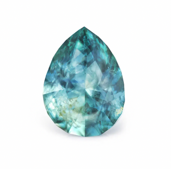 1.75CT PRECISION CUT PEAR BRILLIANT MONTANA SAPPHIRE, PARTI BLUE GREEN YELLOW, 8.5X6.5MM