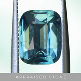 4.09ct Elongated Cushion Cut Teal Sapphire Low Profile Split Shank Bezel Ring in 14k Yellow Gold- Appraised Stone