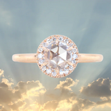 0.59ct White Rosecut diamond in 14k Rose Gold Low Profile 6 Prong Halo Evergreen Setting