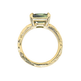 4.58ct Emerald Cut Teal Sapphire Triple Band with Diamonds and Evergreen Texture 4 Prong Low Profile Ring in 18k Yellow Gold