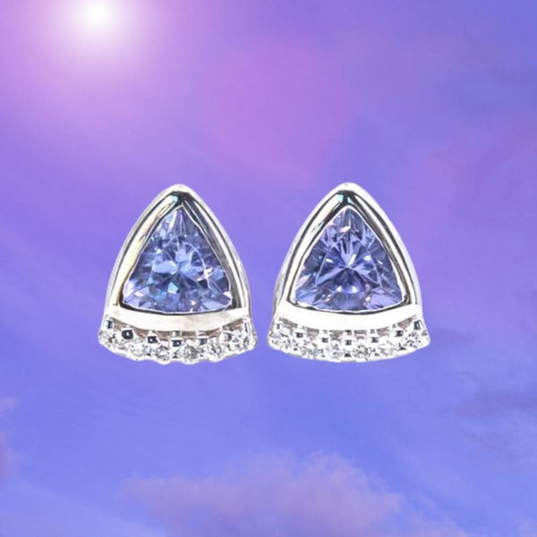 Tanzanite and Diamond Fan stud earrings in 14k Yellow and White Gold