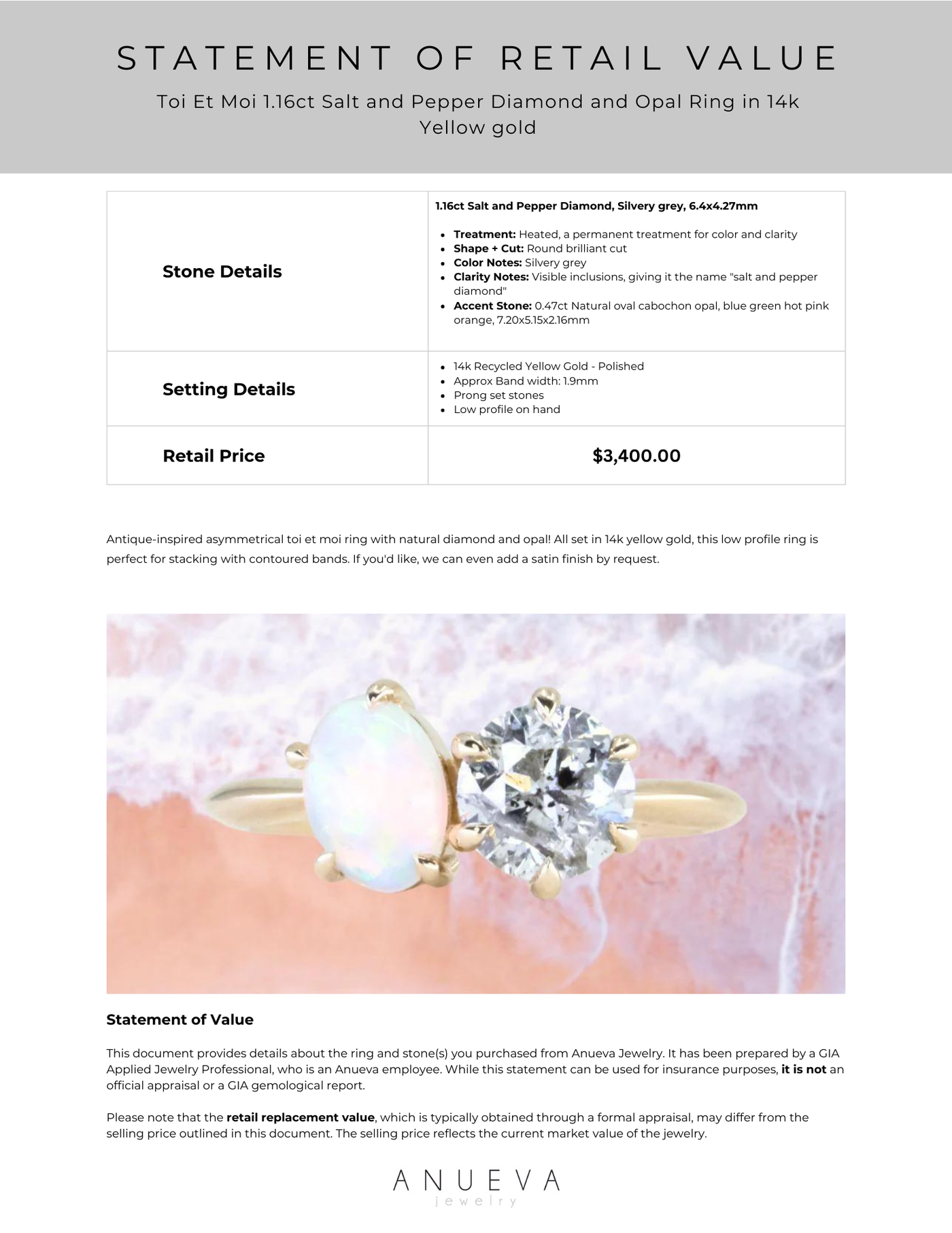 Toi Et Moi 1.16ct Salt and Pepper Diamond and Opal Ring in 14k Yellow Anueva Jewelry