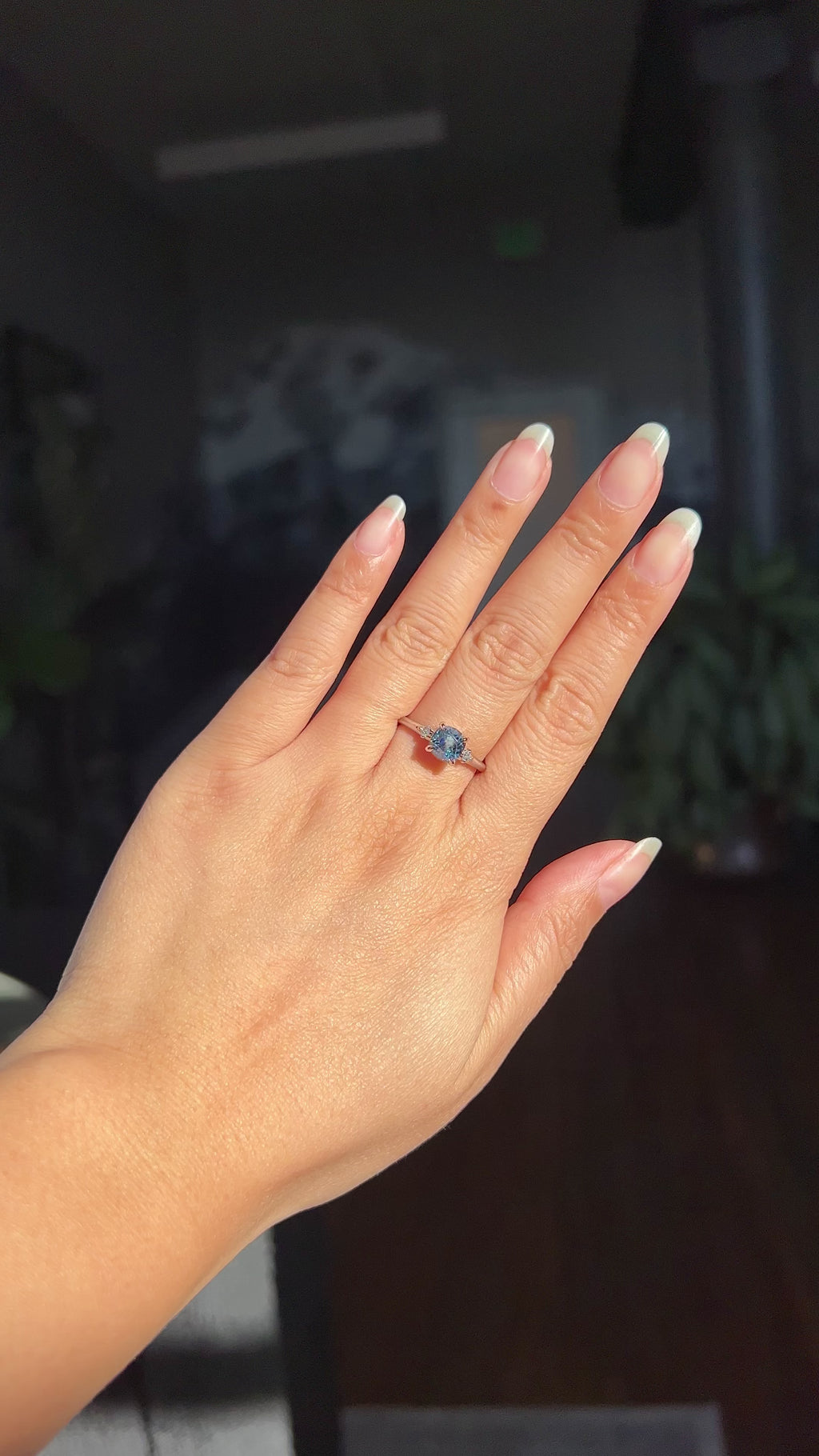 1.66ct Untreated Old Mine Cut Montana Sapphire and Princess Cut Diamond Rapids Low Profile Ring in 14k White Gold