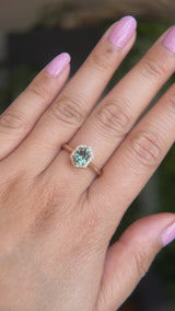 1.11ct Oval Untreated Montana Sapphire Hexagon Diamond Halo Stackable Ring in 14k Yellow Gold