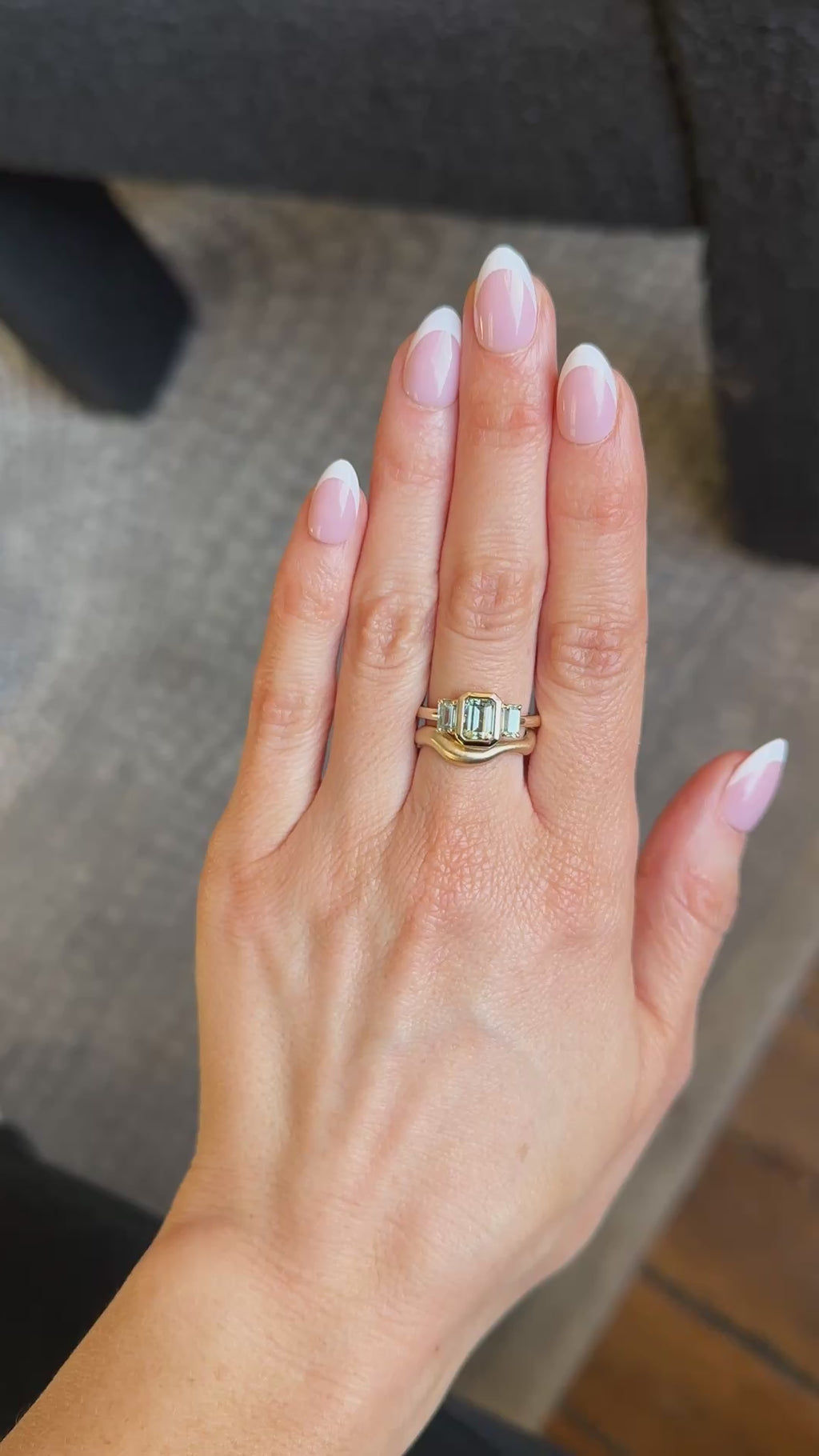 1.29ct Bezel Set Emerald Cut Untreated Montana Sapphire and Montana Sapphire Sides Three Stone Ring in 14k Yellow Gold