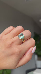 4.58ct Emerald Cut Teal Sapphire Triple Band with Diamonds and Evergreen Texture 4 Prong Low Profile Ring in 18k Yellow Gold