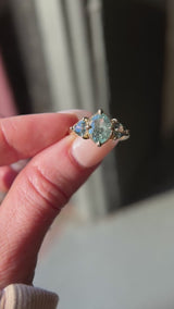 1.74ct Untreated Marquise Montana Sapphire and Trillion Sapphire Three Stone Antique Style Compass Setting with Milgrain Low Profile in 14k Yellow Gold