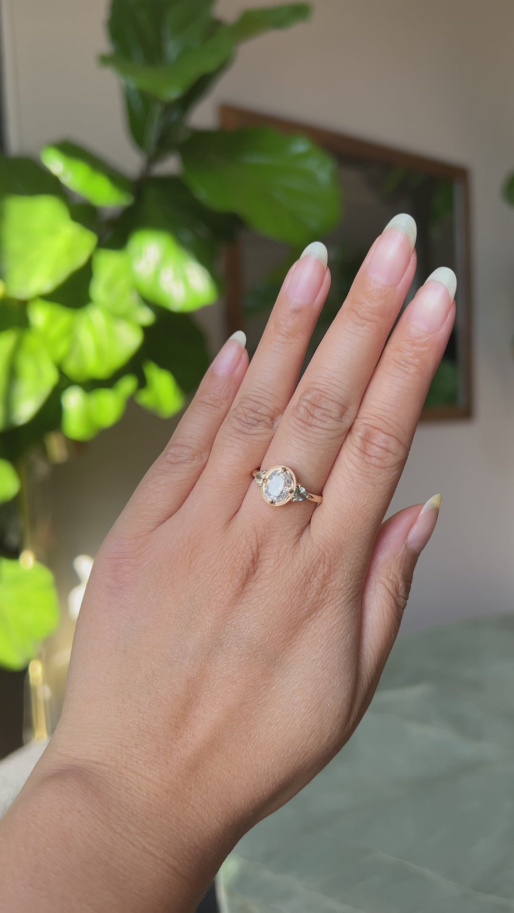 1.59ct Modern Old Mine Cut Oval GIA Diamond Three Stone Ring with Trillion Side Diamonds Compass Set Low Profile Milgrain Antique Ring in 14K Yellow Gold