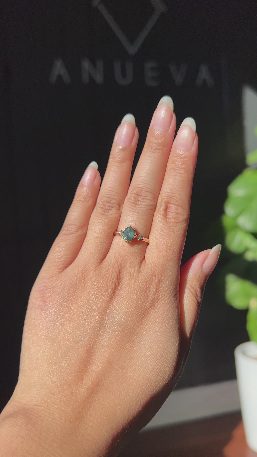 1.23ct Untreated Opalescent Nigerian Teal Speciality Fantasy Cut Sapphire and Kite Diamond Three Stone Compass Set Low Profile Ring in 14k Yellow Gold