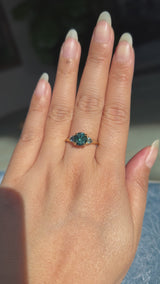 1.82ct Round Teal Precision Cut Montana Sapphire and Trillion Sapphire Low Profile Three Stone Ring in 18k Yellow Gold
