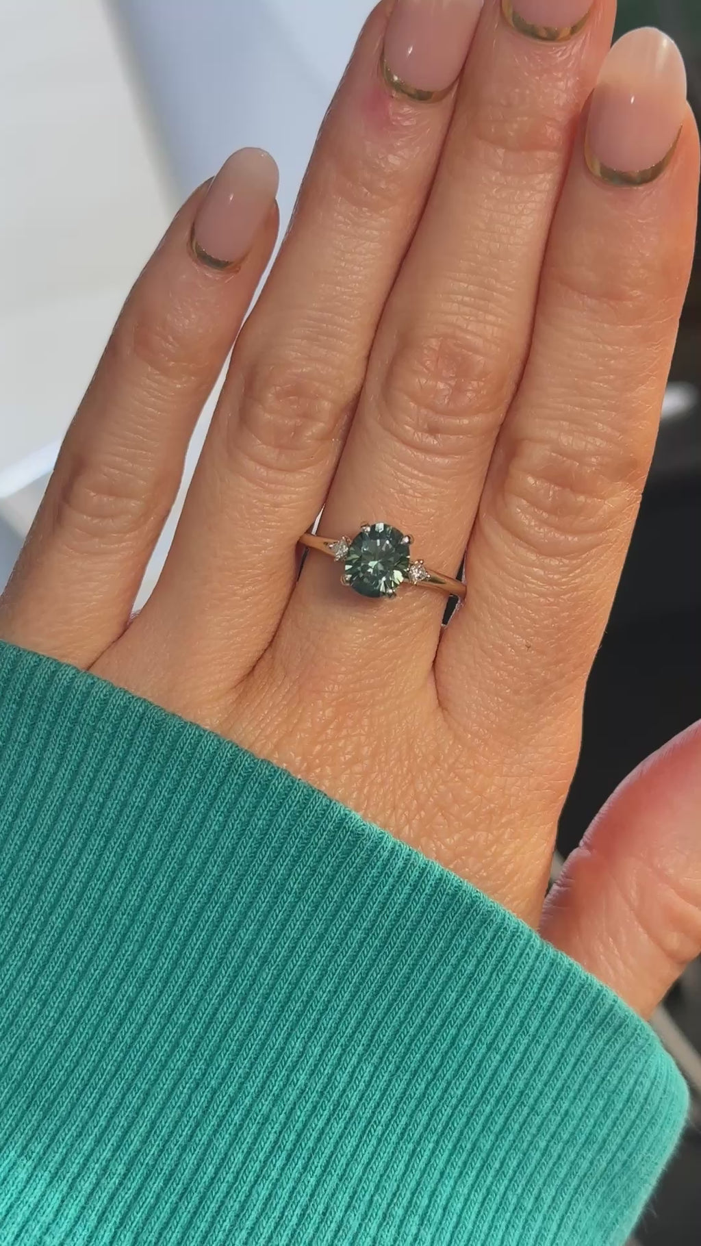 1.98ct Oval Precision Cut Teal Montana Sapphire and Princess Cut Diamond Rapids Low Profile Ring in 14k Yellow Gold