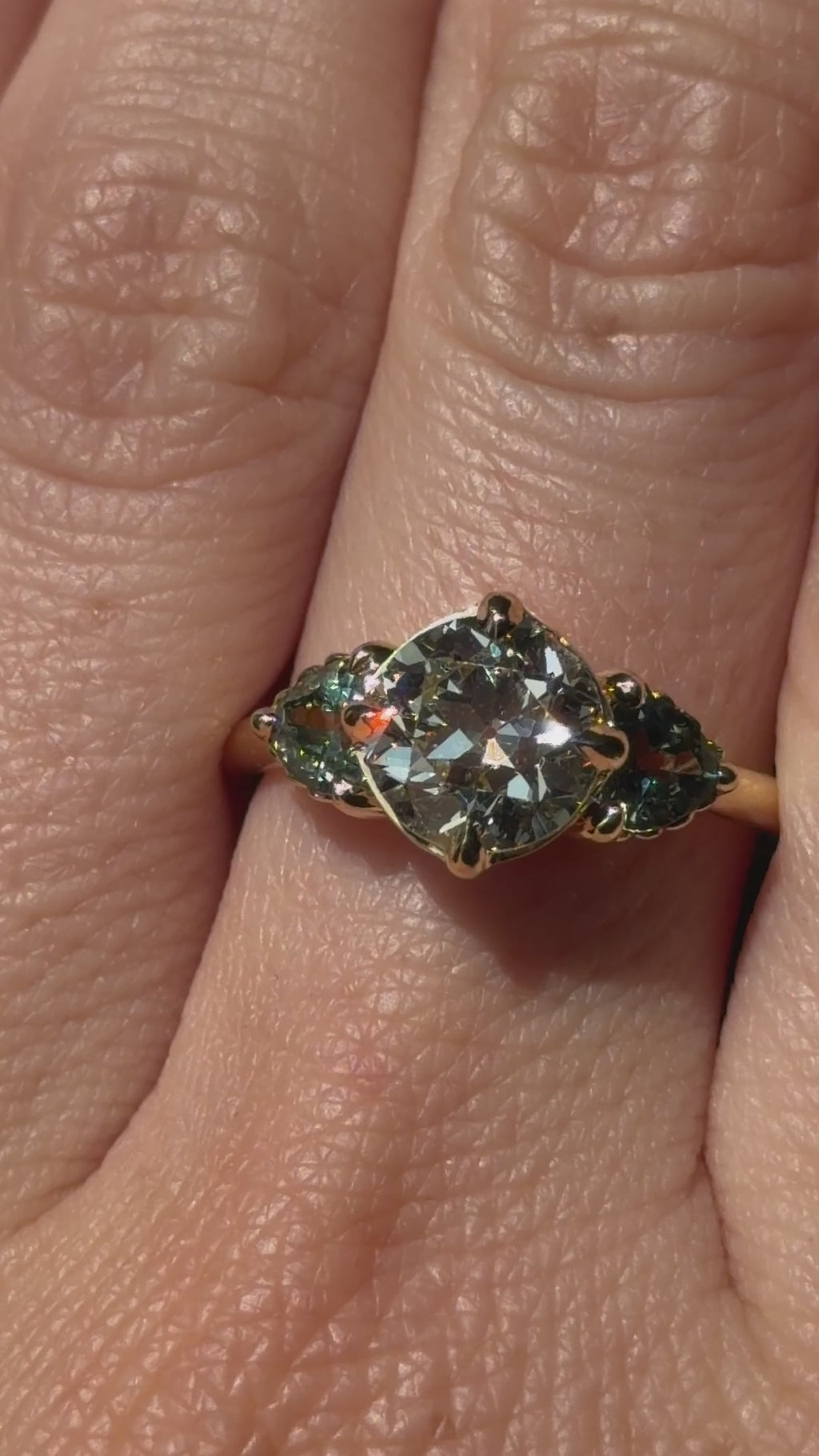 1.64ct Vintage Transitional Cut Diamond and Trillion Australian Sapphire Antique Style Compass Set Low Profile Ring with Scallop Details in 18k Yellow Gold