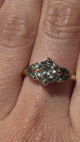 1.64ct Vintage Transitional Cut Diamond and Trillion Australian Sapphire Antique Style Compass Set Low Profile Ring with Scallop Details in 18k Yellow Gold