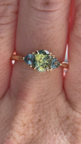 1.61ct Oval Madagascar Parti Sapphire and Trillion Sapphire Three Stone Low Profile Ring in 14k Yellow Gold