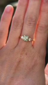 1.65ct Round Untreated Precision Cut Montana Sapphire and Natural Pear Diamond Three Stone Low Profile Ring in 18k Yellow Gold