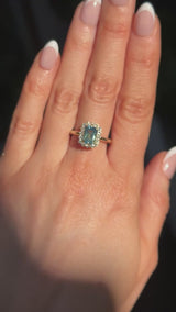 1.70ct Untreated Radiant Cut Vibrant Teal Green Sapphire Antique-Style Diamond Halo Ring in 14 Yellow Gold