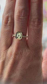 1.14ct Emerald Cut Parti Montana Sapphire Low Profile Bezel Solitaire Ring with Pavé Set Diamonds in 14k Green Gold