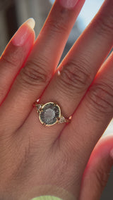 3.05ct Untreated Fantasy Cut Green Sapphire and Diamond Three Stone Antique Compass Style Low Profile Ring in 18k Yellow Gold