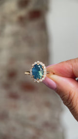 2.35ct Oval Glowy Teal Blue Untreated Nigerian Sapphire Antique-Style Diamond Halo Ring in 14k Yellow Gold