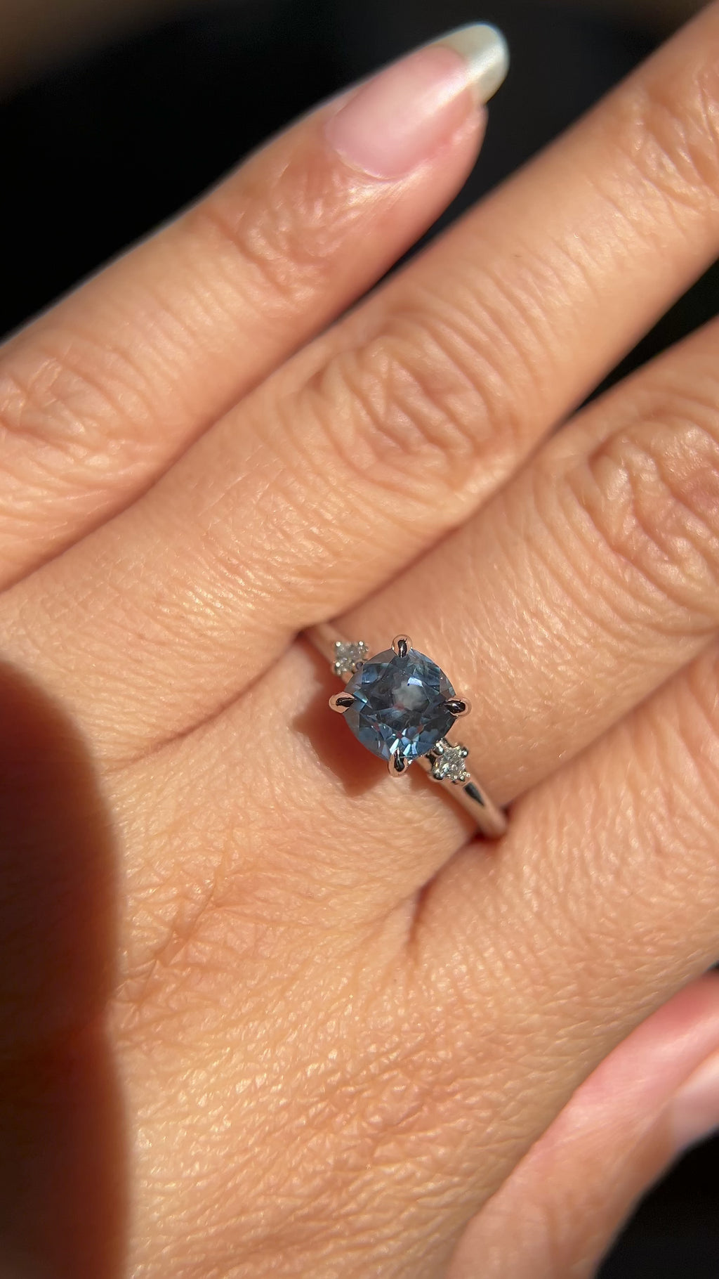 1.66ct Untreated Old Mine Cut Montana Sapphire and Princess Cut Diamond Rapids Low Profile Ring in 14k White Gold