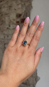 2.35ct Oval Glowy Teal Blue Untreated Nigerian Sapphire Antique-Style Diamond Halo Ring in 14k Yellow Gold